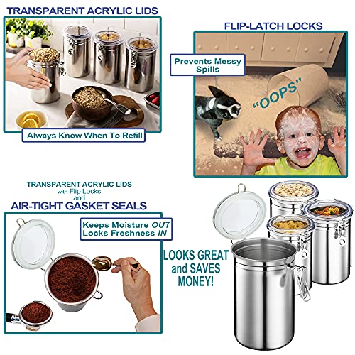Homearray Stainless Steel Canister Set - Airtight Food Storage Canisters For Kitchen Counters, Tea, Sugar, Flour, Coffee Sealable Jars With Locking Clamp - Set Of 4 #TOP5