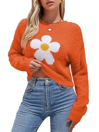 ZAFUL Women's Fuzzy Knit Sweater Floral Daisy...