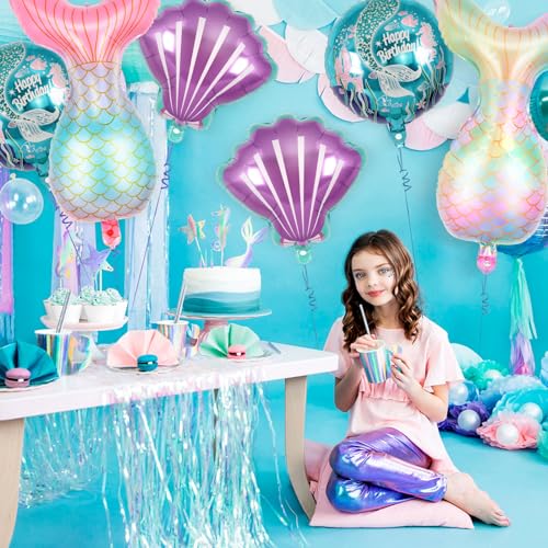 Image of 6 Pcs Mermaid Balloons, SeaShell Foil Balloons, Mermaid Tail Mylar Balloons for Sea Ocean Themed Birthday Party Decorations Baby Shower (Pack of 2)