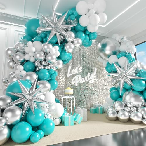125pcs Teal Silver White Balloon Garland Arch Kit White Metallic Silver Teal Balloons for Wedding Engagement Anniversary Bridal Shower Baby Shower Birthday Party Decorations