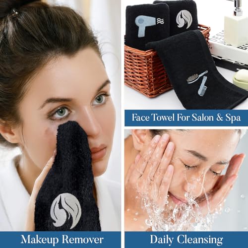 Image of DAN River Black Makeup Towels - Pack of 6 (13x13 in) - Ultra Soft Cotton Face Towels with Embroidery - Reusable, Quick-Dry & Machine Washable Makeup Remover Cloths for Bathroom, Spa & Salon