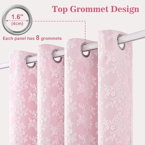 Image of Yinhua Pink Blackout Curtains for Bedroom Double Layer Nursery Curtains for Living Room 63 Inch Length 2 Panels Set Kid Curtain with Floral Sheer Overlay, Grommet Drapes with Tiebacks, 52 inch W x 63 inch L