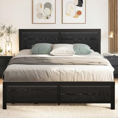 VECELO Cadre de Lit 140x190cm, Sommier Plateforme avec Tête Rustique en Bois Vintage, Support à...