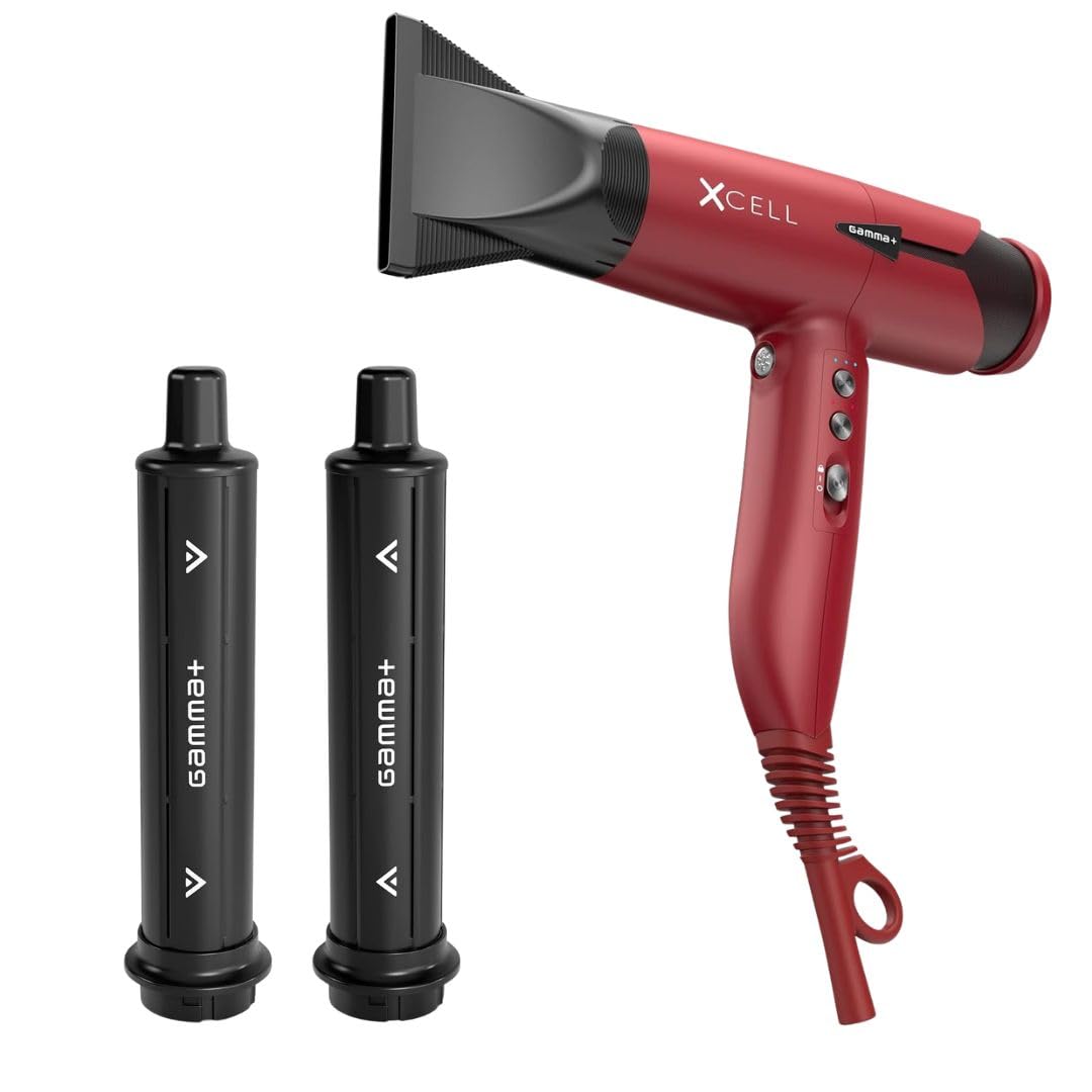 GAMMA+ XCell Professional Hair Dryer & Twist & Curl Auto-Wrapping Attachments - Ionic High-Speed Dryer with Curling Cylinders for Waves & Curls, Lightweight, 12 Settings, Diffuser & Nozzles Included