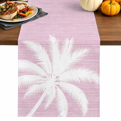 Tropical Palm Tree Table Runner - 36 Inch Long, Pink Summer Ocean Coconut Leaves Kitchen Dining Table Runner Dresser Scarves, Farmhouse Decor for Coffee Tables Wedding Party Banquet