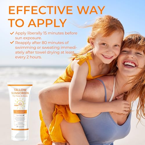Jardient Beef Tallow Sunscreen SPF 50 with Mineral : Instant Sun Protection Non Nano Zinc Oxide Sunblock- Non Greasy Formula- Beach Jogging Outdoor Sports - 3 Fl oz, 85g