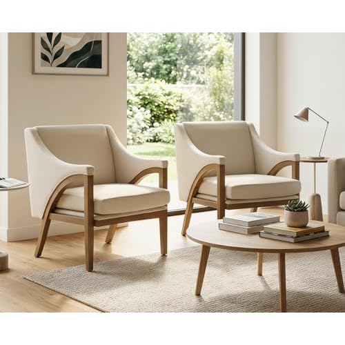 CIMOTA Mid Century Modern Accent Chairs Set of 2 with Barrel Back, Upholstered Armchair Comfy Reading Chairs with High-Rebound Foam Seat, Solid Wood Legs for Living Room/Bedroom, Linen Fabri