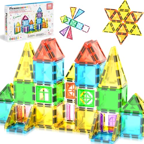 Image of PicassoTiles Magnet Tile Building Blocks 48 Piece Travel Sized Playset with Windows and Clip-on Doors Construction Stacking Magnetic Tiles Block Learning Educational STEM Toy Boys Girls Age 3+ PTM48