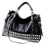 WLONLINE Leder Handtaschen Tasche Tasche Umhängetasche Mit Nieten Für Frauen (Schwarz)