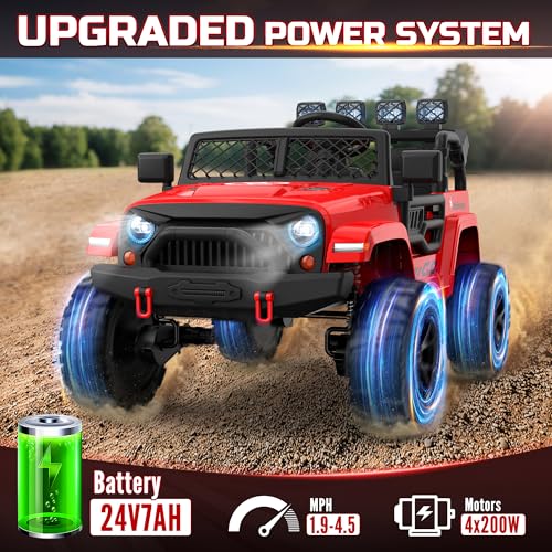 ARBELI 24V 2 Seater Kids Ride On Toy, 4x200W, EVA Tires, Electric Truck Car w/21 Wide Seat, Remote Control, 4WD, 4.5Mph, 4 Wheel Suspension, LED Searchlight, Bluetooth Music & Horn(Red)