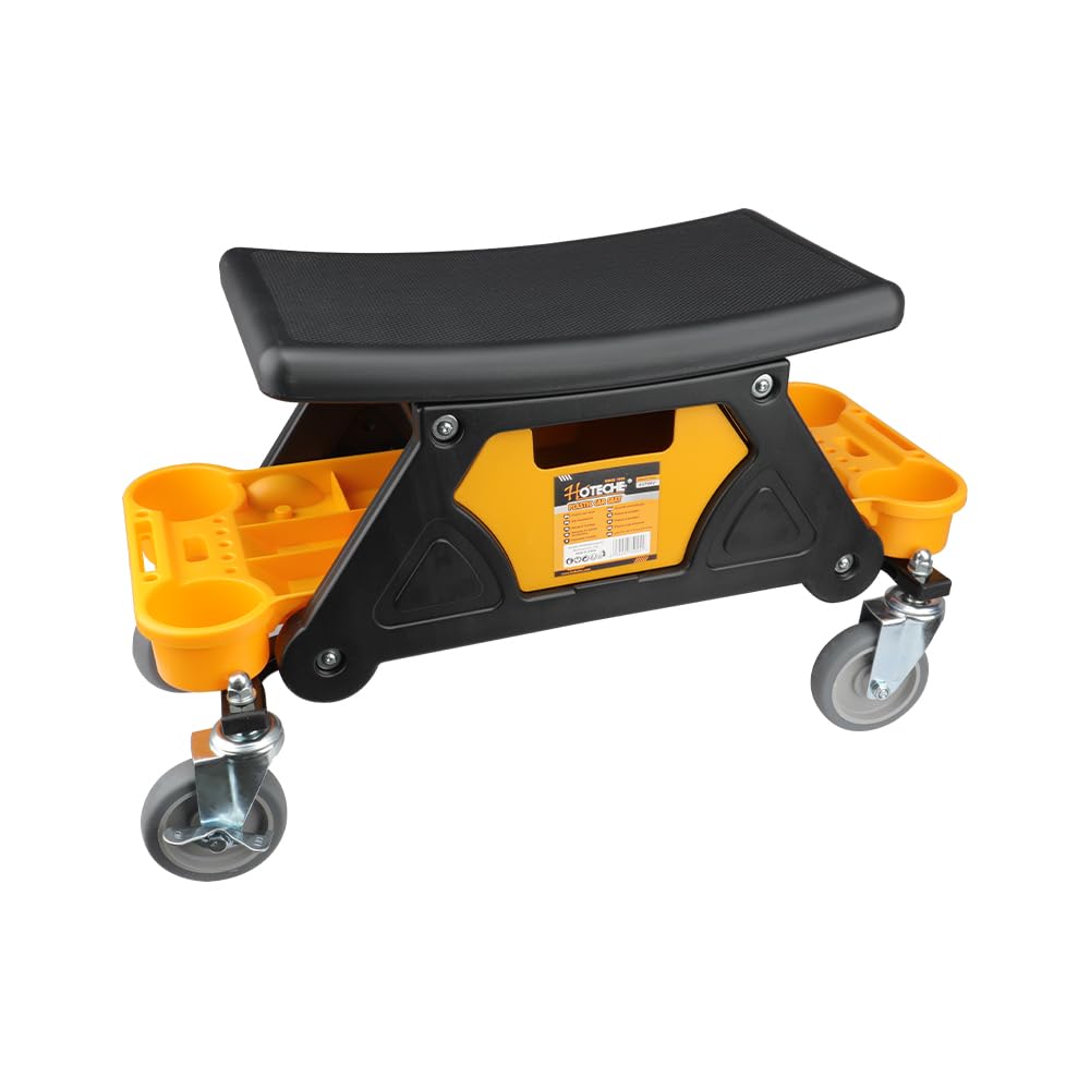 Hoteche Taburete de Taller Taburete de plástico para reparación de automóviles | Diseño de PP Negro con cajón y Compartimento para Herramientas Amarillo | 650x250x380mm | 6,16 kg de Peso