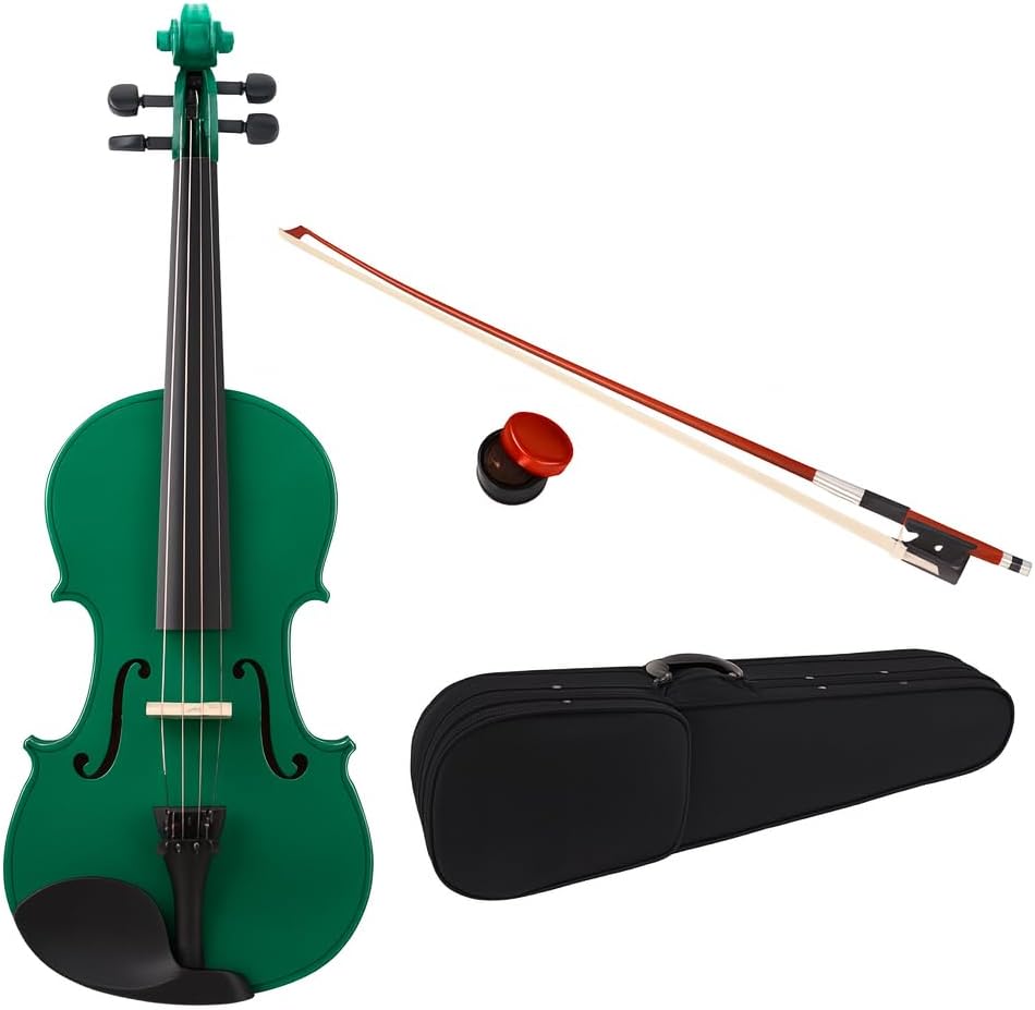 Beginner 4/4 Acoustic Violin Set for Adults & Students, Full Size Violin with Case, Bow, Rosin, Shoulder Rest & Extra Strings, Solid Wood Fiddle Starter Kit (4/4 Green)