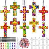 Complete 30 Sets Bulk Craft Kit: Includes 30 cross suncatchers in 10 colorful designs, 12 paints, 30 brushes, beads, hanging strings, and suction hooks; Each people gets a full set, ideal for sunday activities, church events, and VBS. Colorful Staine...
