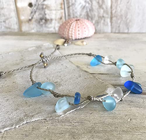 Blue Sea Glass Anklet On Hand Spun Rope Cord, Mixed Blue Casual Ocean Jewelry, Del Mar, Beach Gift For Women, Handmade In The Caribbean (Anklet) #TOP3