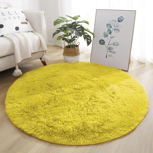 Image of Shaggy Round Area Rug - Soft Plush Circle Solid Color Carpet for Living Room, Bedroom, Kids Room - Fluffy Fuzzy Floor Mat for Home Decor (Yellow, 3x3 feet, Round)