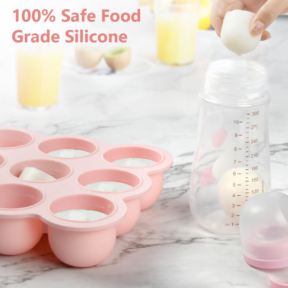 Aolso Contenitore Pappa per Bambini in Silicone, 9 Scomparti × 75ml Stampi Contenitori Pappa per Freezer Senza BPA, Vassoio in Silicone per Alimenti Neonati con Coperchio Rimovibile, Rosa