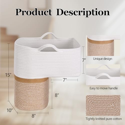 Image of Woven Stair Basket, Stair Baskets for Wooden Stairs, Carpeted Stairs Storage Basket with Handles, Staircase Baskets for Toys, Books, Yellow, 15 inch L x 10 inch W x 15 inch H