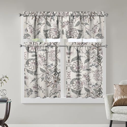 Image of Floral Kitchen Curtains 3 Piece Set Tier Valance Window Decor