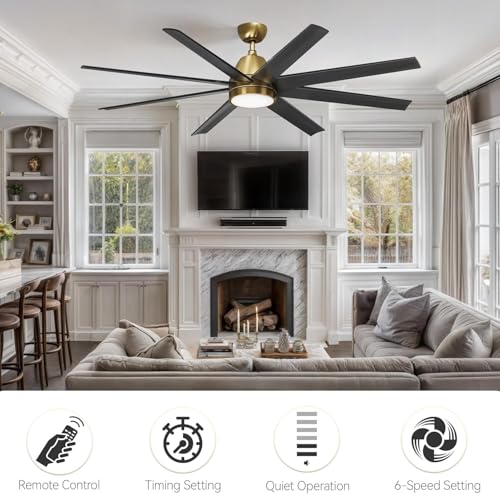 DWVO 65 Inch Ceiling Fans with Light and Remote, 8 Blade Large Ceiling Fan with Quiet Reversible DC Motor, 6-Speed, Dimmable 3 Color Temperatures, Memory Function for Living Room, Dining Room, Bedroom