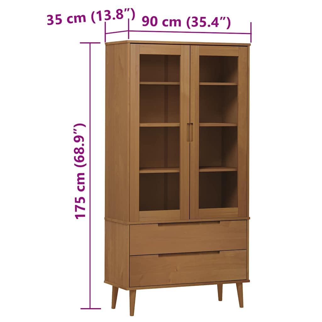 Vitrina escandinava de madera maciza de pino marrón con acabado lacado UV y 2 cajones y 4 compartimentos
