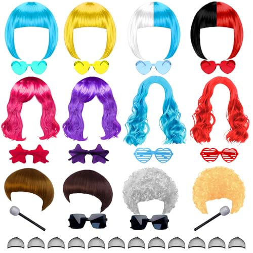 LOHO WONDERZ 12 Funny Wigs with Sunglasses Set Multi Colorful Bob Long Wavy Mushroom Afro Crazy Fun Party Costume Wig for Women Men (Multicolor)