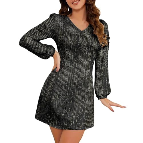 Robe de soirée à paillettes à manches longues et col en V pour femmes