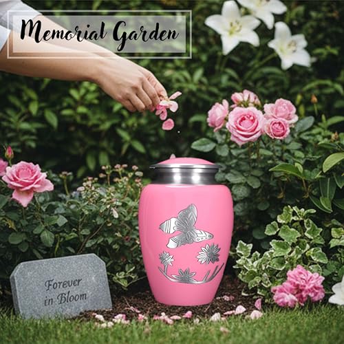 Image of ALPHA Living HOME Cremation Urns for Human Ashes Adult, Handcrafted Aluminum Memorial Urn, Butterfly Engraving, Velvet Carry Bag, Secure Screw Lid Funeral Burial Urn for Adult Male Female, Pink Silver