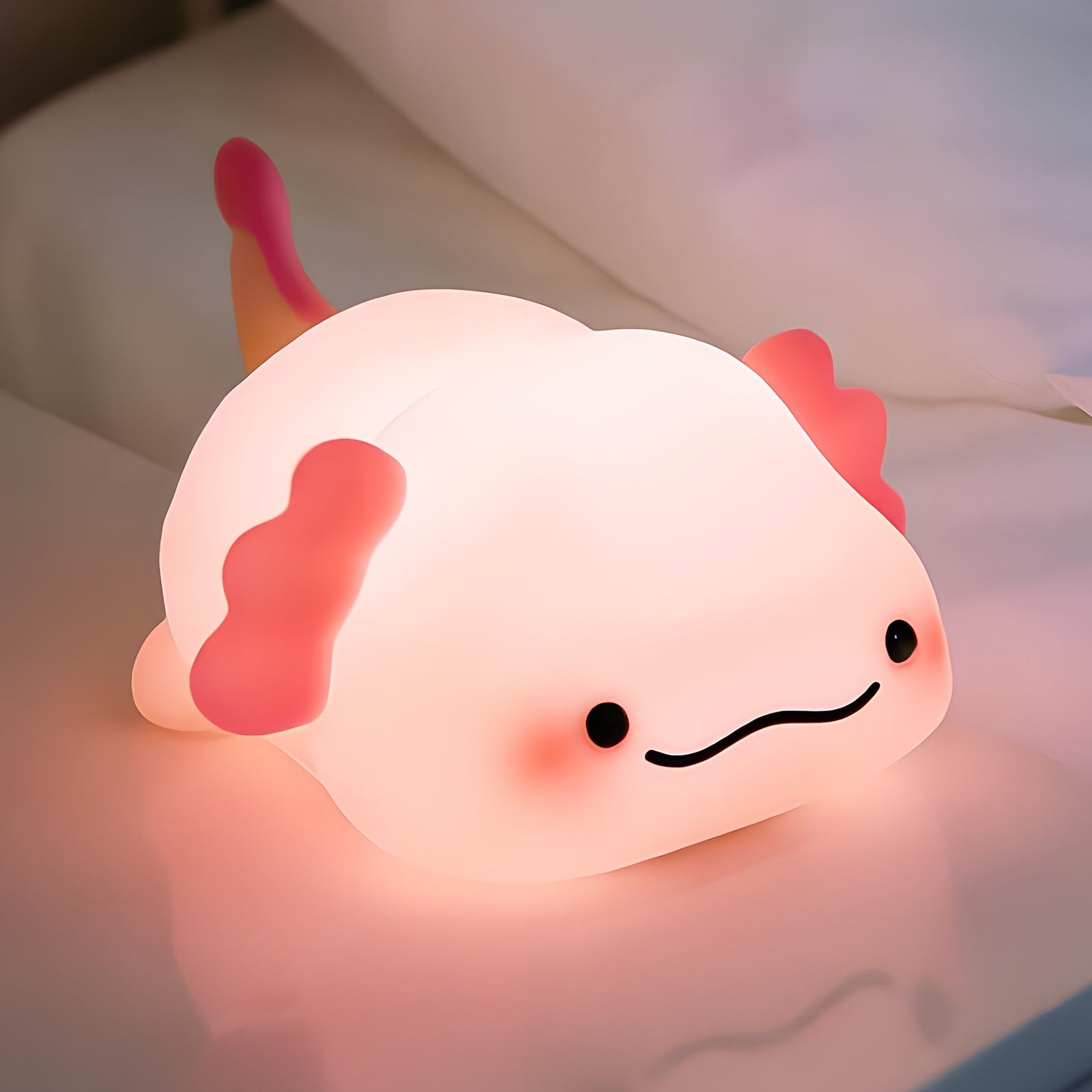 Axolotl - Luz nocturna para niños, silicona blanda de 3 niveles regulable, control táctil, bonita luz nocturna con temporizador, portátil, recargable por USB, lámpara de noche rosa, regalos