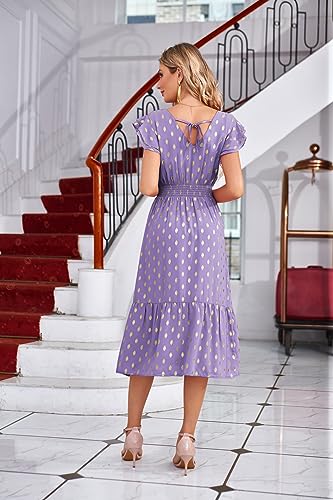 Image of GRACE KARIN Women 2023 Summer Dress Midi Dress Gold Dots V Neck Ruffle Cap Sleeve Flowy Split Tiered A-Line Wedding Guest Dress Lavender Purple M