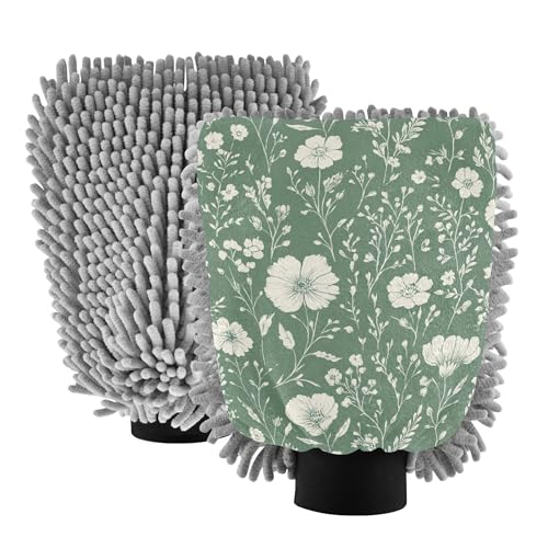 Autumn Flowers Carnation Peonies Sage Green Car Wash Mitt 11.8'' Gloves for Cars Washing Scratch Free Clean Sponges for Auto Cleaning