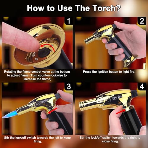 Image of YICAB Blow Torch Jet Flame I Professional Culinary Kitchen Cooking Lighter I Flame Lock & Adjustable Flame Size I Refillable Butane Gas Lighter for Food Meat BBQs Coal Brulee Baking (Golden)