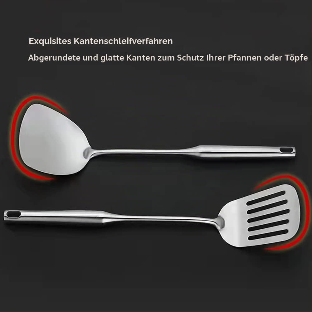 18/10 Edelstahl-Kochutensilien-Set, 6-teilig, langer Griff, Küchenhelfer, Spatel, Servierlöffel, auslaufende Schaufel, Nudellöffel, Küchenhelfer-Set (6-teiliges Set)
