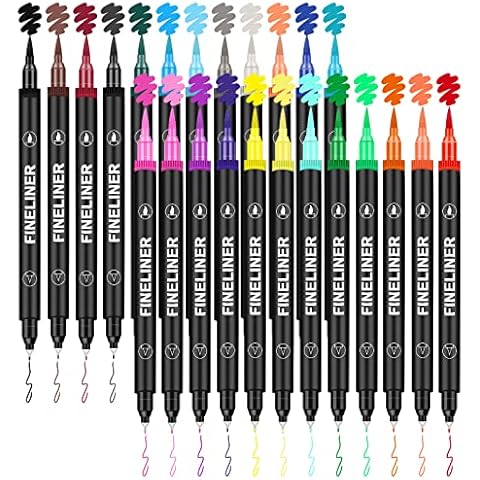 Dual Tip Brush Pens for Adult Colouring Books, 24 Colors Fineliners Colouring Pens for Bullet Journal, Dual Felt Tip Pens, Coloured Pens, Fineliner Pens for Drawing, Lettering, Sketching, Calligraphy Cover