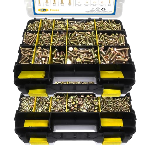919 Pcs Grade 8.8 Metric Bolt Assortment, M4 M5 M6 M8 Heavy Duty Bolts and Nuts Kit, Yellow Zinc Plated, Length from 12-30mm (Yellow Box)