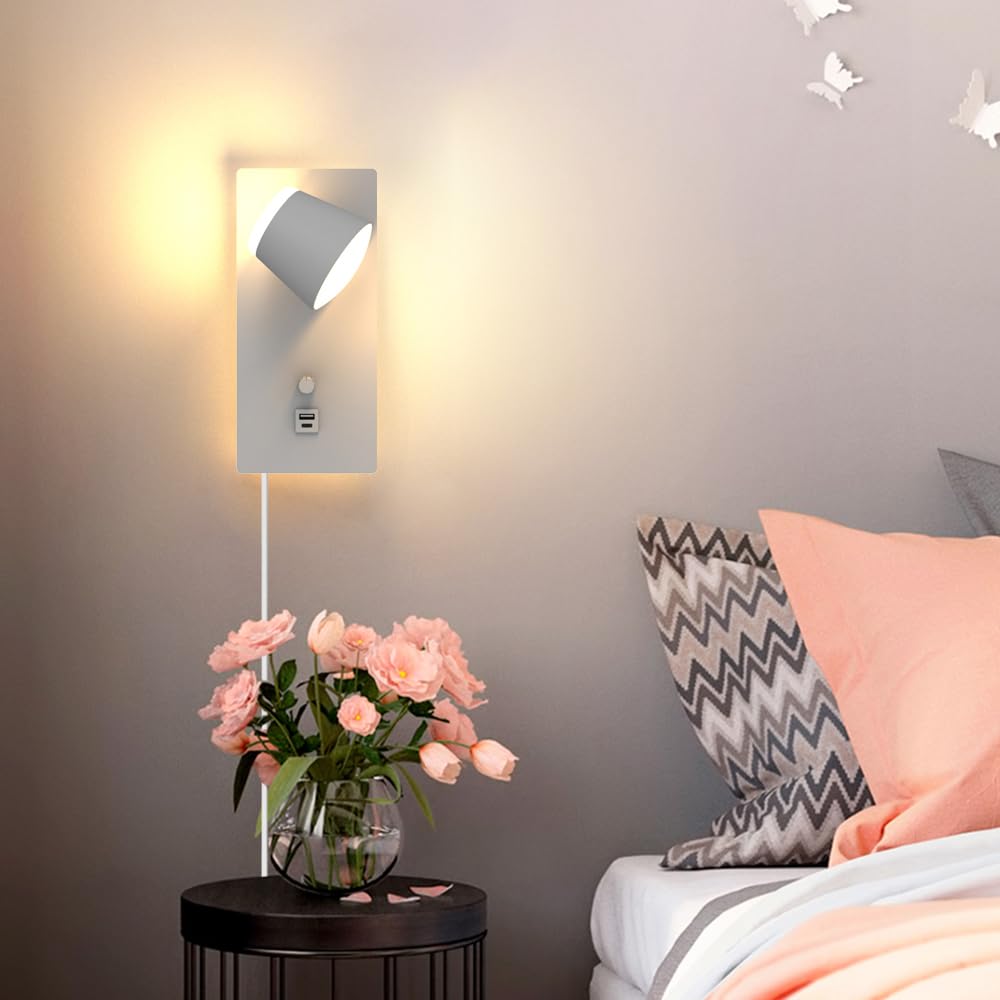 Sytmhoe 25W Dimmbar Wandleuchte Bett mit Stecker Kabel USB-C 3CCT 2 Stück | Matt weiß 2000LM 3000 K 4500 K 6000 K umschaltbar arbeitszimmer Leselicht wandlampe leselampe, steckfertig, mit sanftes licht
