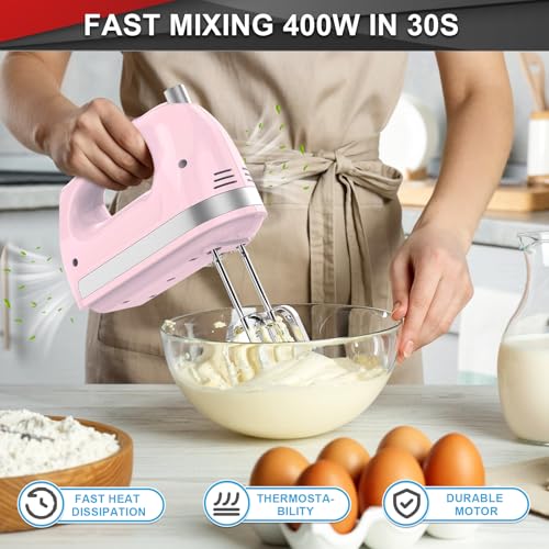 Image of Lord Eagle Hand Mixer Electric Handheld 400W, 5-Speed Lightweight Kitchen Mixer with Storage Case, 5 Stainless Steel Attachments for Baking Cake Egg Cream Food Beater, Turbo+Eject Button, Pink