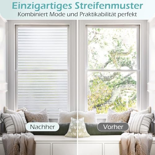 DOWELL Fensterfolie Sichtschutzfolie Streifen Fenster Sichtschutz Statische Haftung Blickdicht Klebefolie Milchfolie Selbstklebend Milchglasfolie Blickschutz Folie für Büro Bad Duschkabine 44.5x200cm