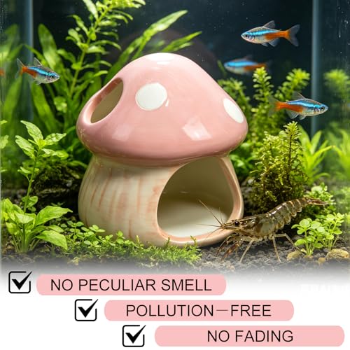Image of Cute Aquarium Mushroom House Betta Fish Tank Accessory Decor Mini Ceramic Fish Hideout Shrimp Cave Ornament (Pink)