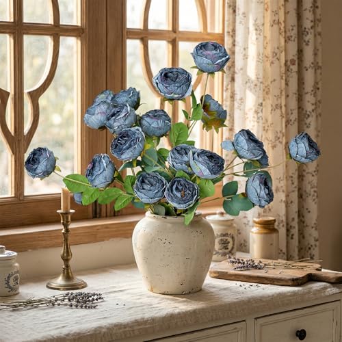 XOETCP 4 PCS Silk Peonies Artificial Flowers - Vintage Faux Peony Stems with Long Stem for Vase Pot Decorations Home Decor - Blue — view 6
