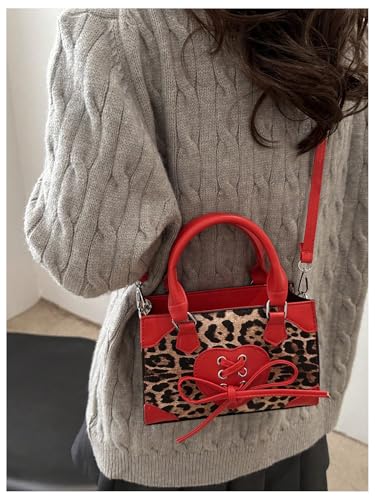 Image of QWINEE Women's Leopard Print Top Handle Satchel Clutch Purse Bowknot Cheetah Square Handbag Crossbody Bag