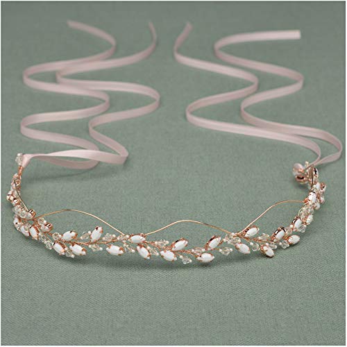 SWEETV Rose Gold Bridal Headband for Brides, Leaf Wedding Vine, Handmade Crystal Tiara Women Hair Accessories