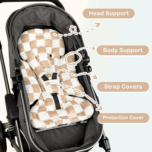 Image of DILIMI Infant Car Seat Insert, Baby Car Seat Head Support with 3 Strap Paddings, Soft Newborn Car Seat Cushion for Stroller, Swing, Bouncers, Brown Checkered