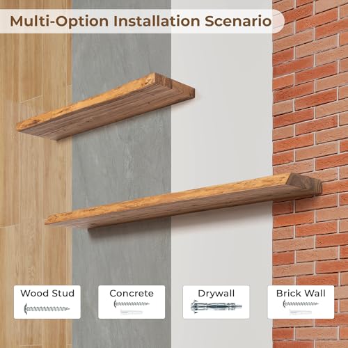 Image of 40 inch Floating Shelves for Wall Live Edge, Natural | 8'' D Rustic Solid Elm Wood, Wall Mounted, Invisible Bracket, Living Room Bedroom Kitchen