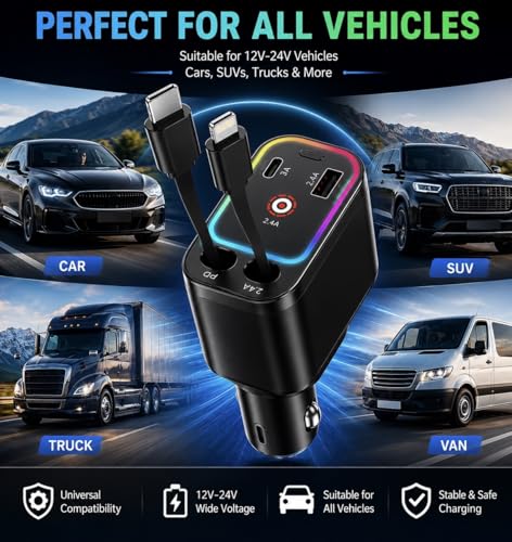 Image of 120W Retractable Fast Car Charger with DRL and Starlight (2026 Version) | 4-in-1 Dual Retractable Cables with USB & Type-C Ports | Adjustable 180 Direction