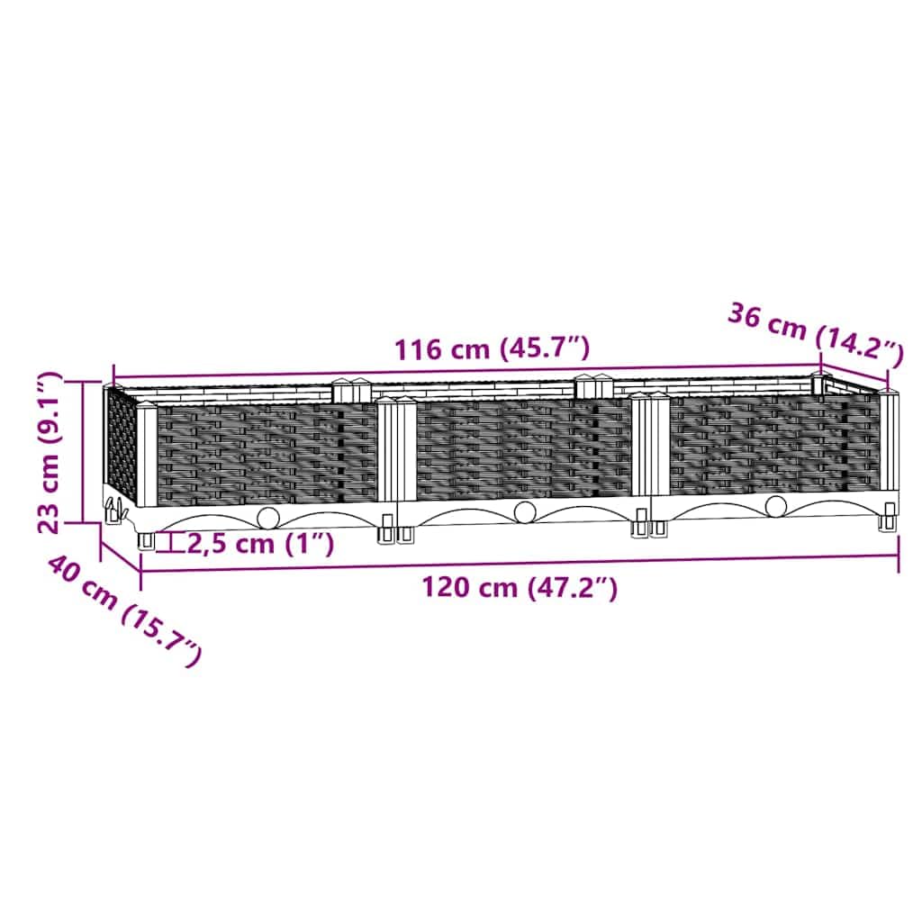 Jardinera de polipropileno de 120 x 40 x 23 cm, con almacenamiento de agua, resistente a las heladas, para jardín, terraza y balcón, macetero para hierbas, maceta exterior con protección