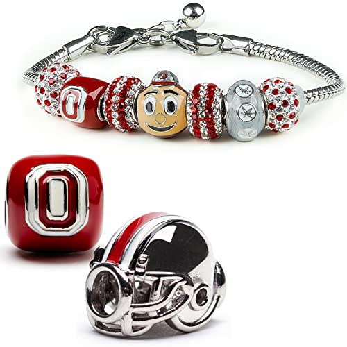 Ohio State Charm Bracelet Set - Brutus Buckeye Charm Bracelet and Two Charm Set - Hypoallergenic Stainless Steel Jewelry - Compatible with Pandora - Ohio State Womens Gifts