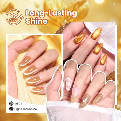 Image of Beetles Fall Gel Polish Set, Retro Honey Gold Glitter Cat Eye Soak Off Gel | 6 Colors Mustard Yellow Amber Brown With Shimmer And Magnetic Effects, UV LED Cure DIY Manicure