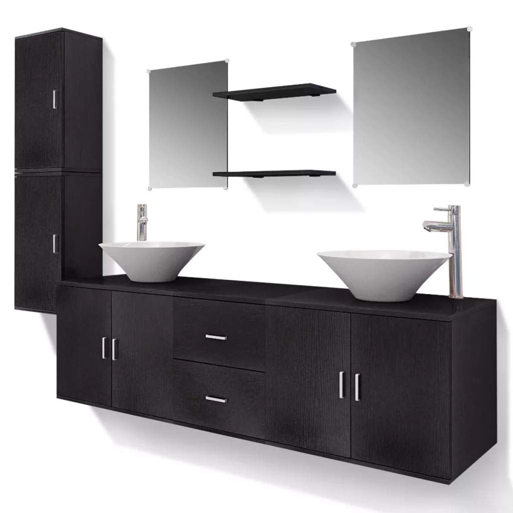 Cikonielf Bathroom Vanity Unit Set 11 Pieces Black | 1 Wall Wardrobe with Washbasin + 2 Wall Cabinets + 2 Mirrors + 2 Shelves + 2 Sinks and 2 Taps