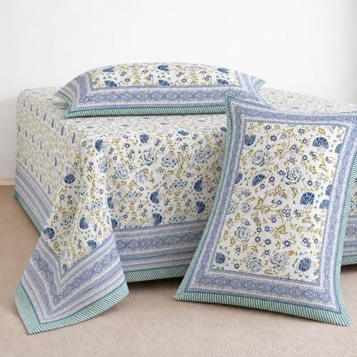 Image of ElanorHomes 240 TC Cotton Double King Size Bedsheet | Ultra-Soft & Skin-Safe | Breathable Summer Comfort | 93x108 inches with 2 Pillow Covers (Blue Shalimar Jaal)