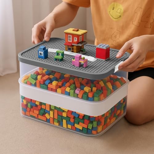 KRUZZEL Bausteine Aufbewahrungsbox 35L mit Griff & Trennwänden – 5 Etagen Stapelbox Transparent für Spielzeug & Schulbedarf Kinder
